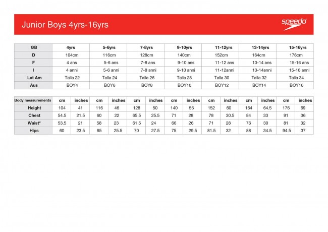 Speedo youth swimsuit size chart top